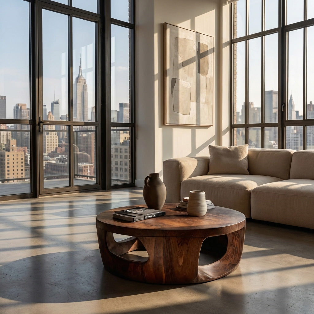 Contemporary Round Coffee Table With Open Cut Base For Living