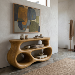 Contemporary Wooden Console Table With Rounded Sculpture For Living Room