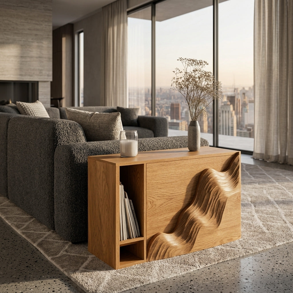 Organic Wooden Side Table With Carved Wave Front For Living