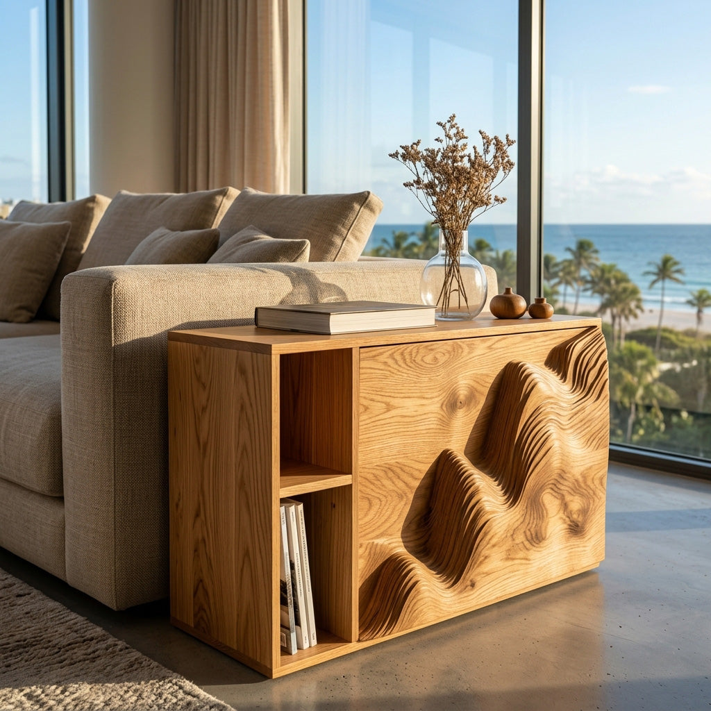 Modern Wooden Sculptural Wave Front Side Table For Living Room