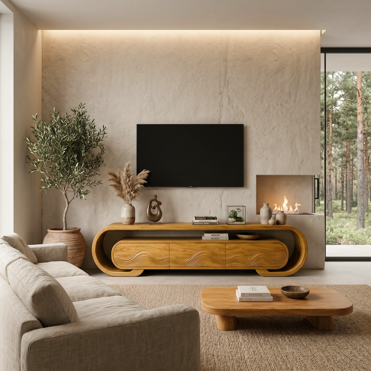 Contemporary TV Stand With Layered Wave Carved Doors For Living