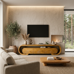 Contemporary TV Stand With Layered Wave Carved Doors For Living