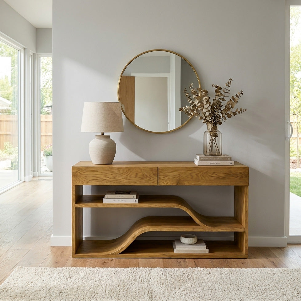 Organic Wooden Console Table With Connecting Shelving Units For Entryway
