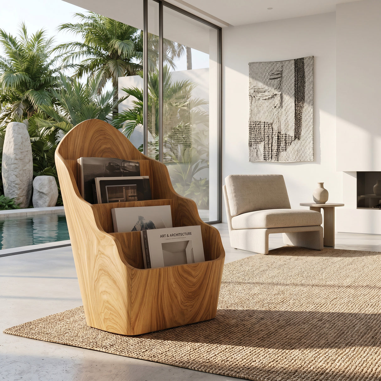 Organic Wooden Curved Tiered Magazine Rack For Living Room