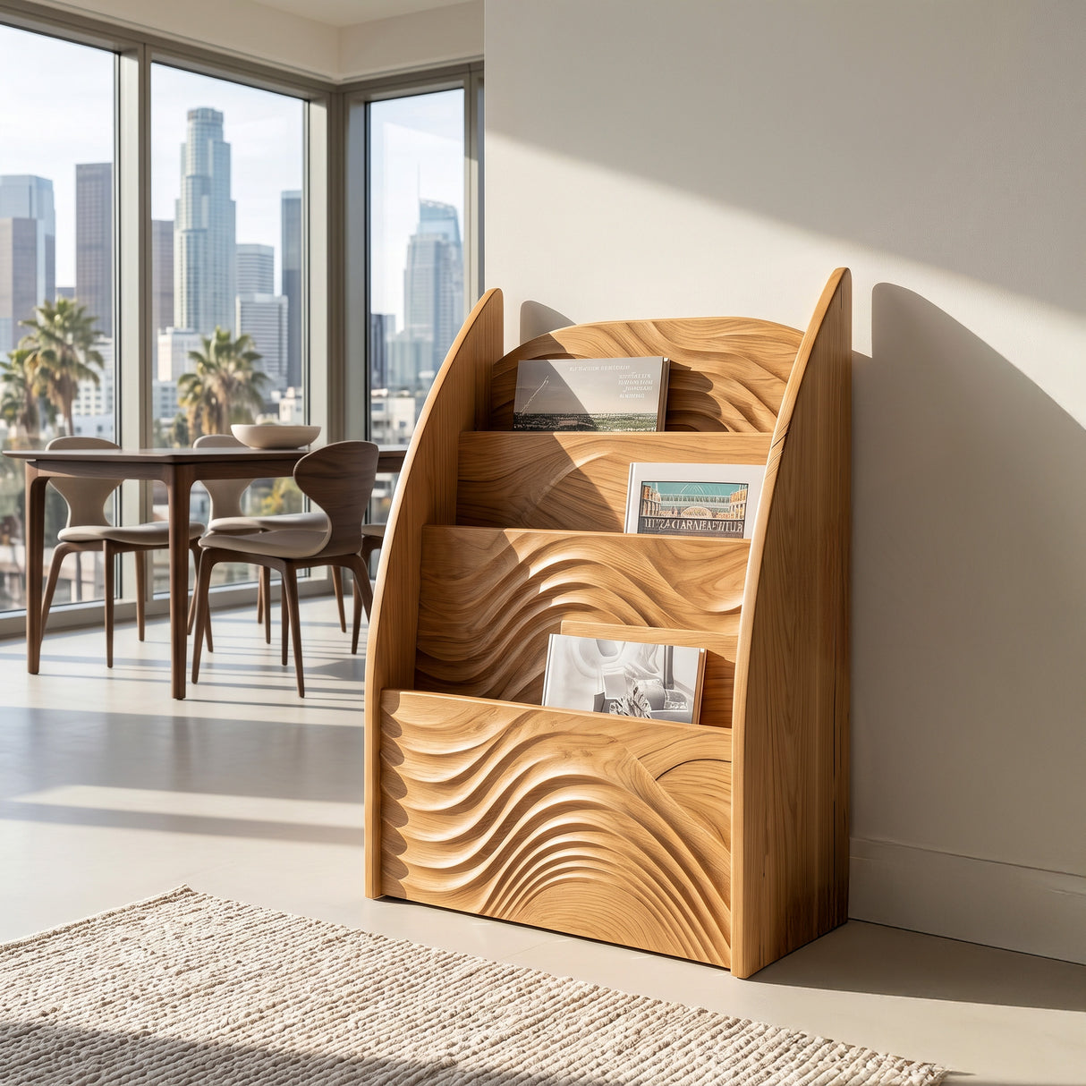 Contemporary Wooden Wave Carved Magazine Rack For Living Room