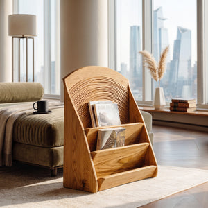Organic Carved Wooden Magazine Rack For Home Storage