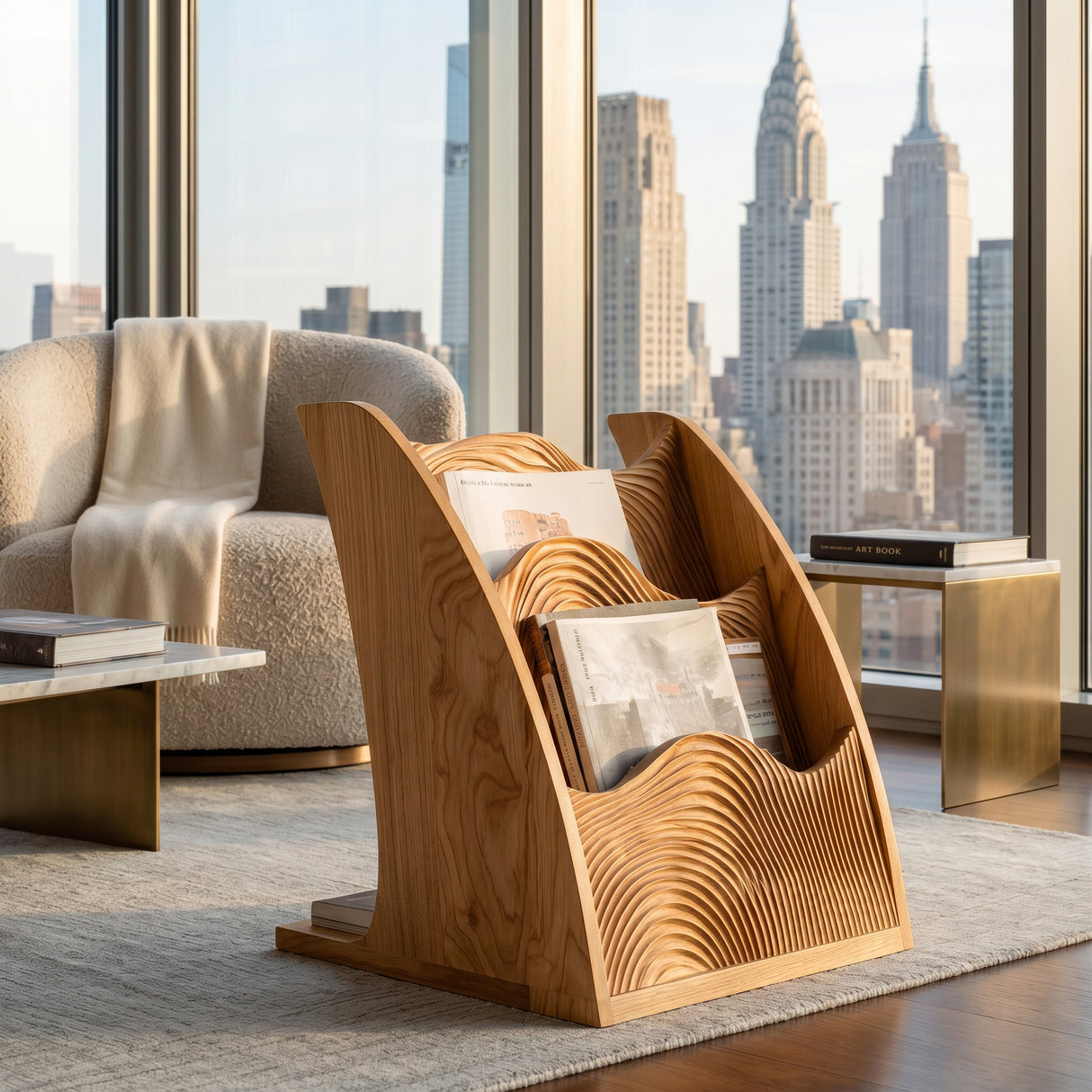 Organic Wooden Wave Panel Magazine Rack For Living Room
