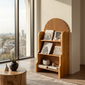 Organic Wooden Slatted Arch Magazine Rack For Living Room
