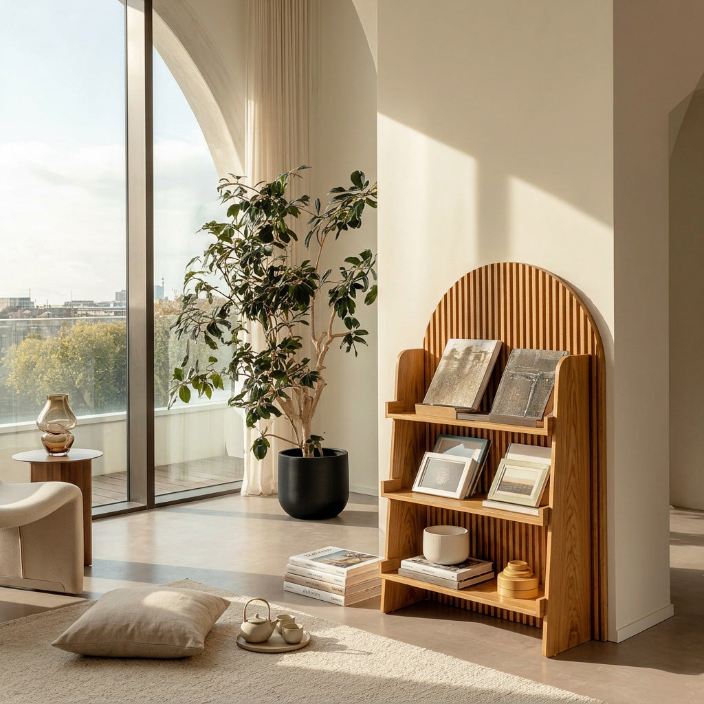 Handcrafted Wooden Carved Arch Magazine Rack For Reading Nook