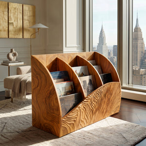 Contemporary Wooden Triple Section Magazine Rack For Living Room