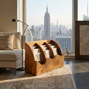 Contemporary Carved Curved Wood Magazine Rack For Living Room
