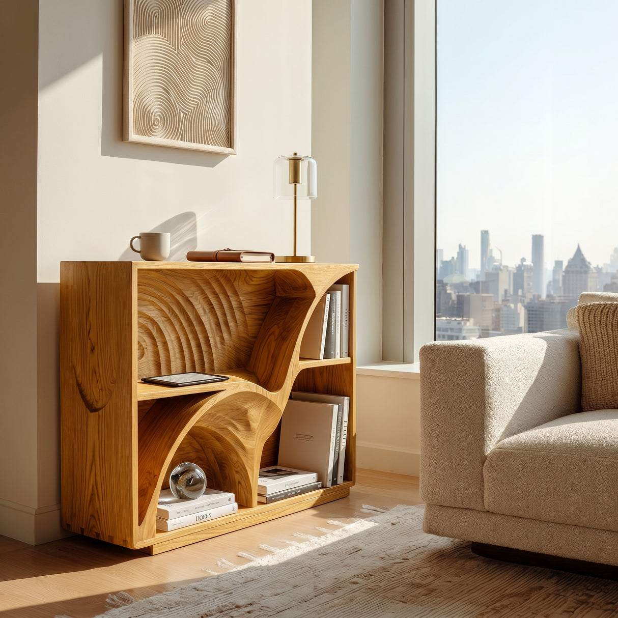 Modern Wooden Magazine Rack With Carved Compartments For Living Room