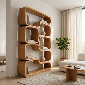 Contemporary Sculptural Natural Wood Bookshelf For Living Room