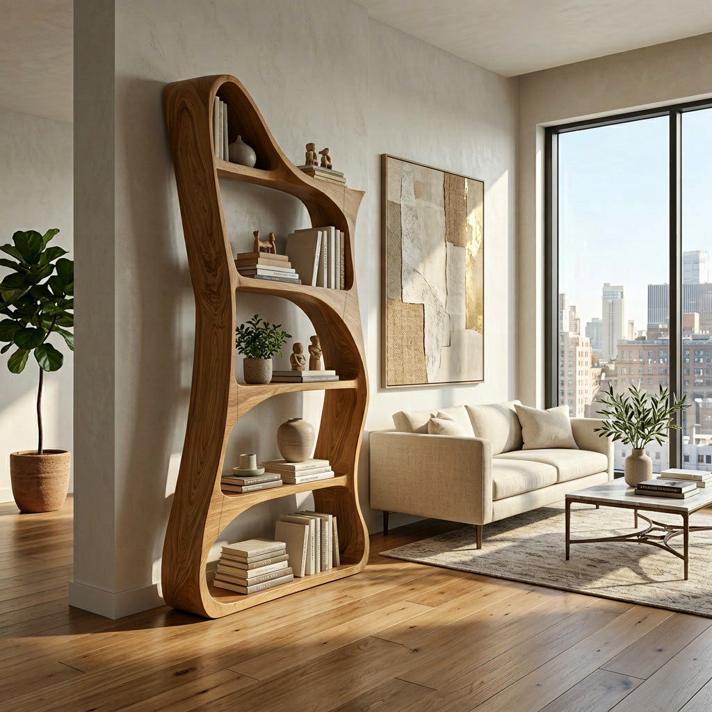 Modern Sculptural Natural Wood Bookshelf For Living Room