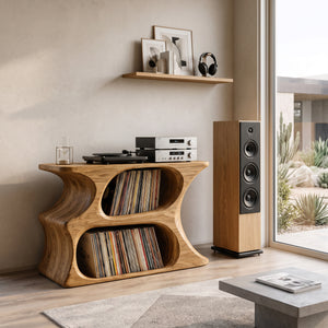 Modern Wooden Record Cabinet With Rounded Shelves For Living Room