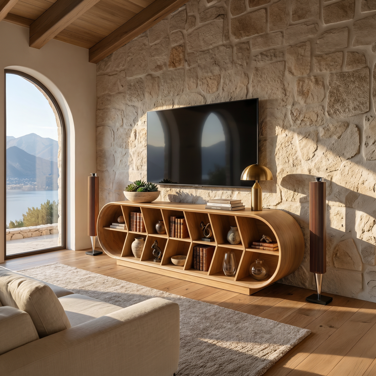 Mid Century Curved TV Stand For Luxury Suite Interior