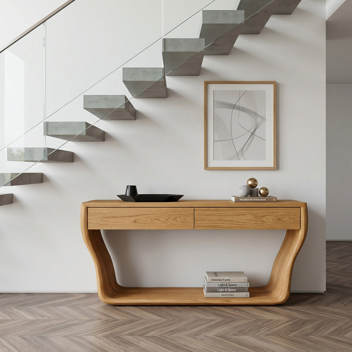 Contemporary Natural Wood Console Table With Two Drawers For Entryway