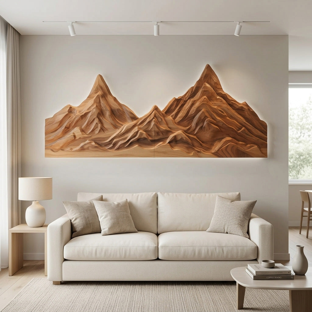 Rustic Mountain Wall Art Sculpture Hand Carved For Bedroom And