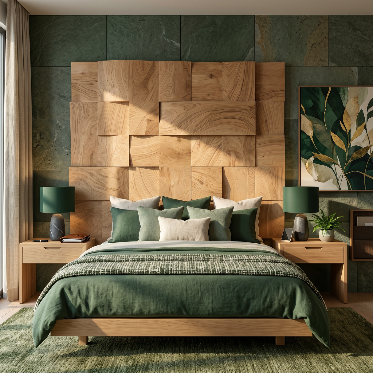 Modern Mosaic Wood Headboard For Luxury Tropical Bedroom Interior