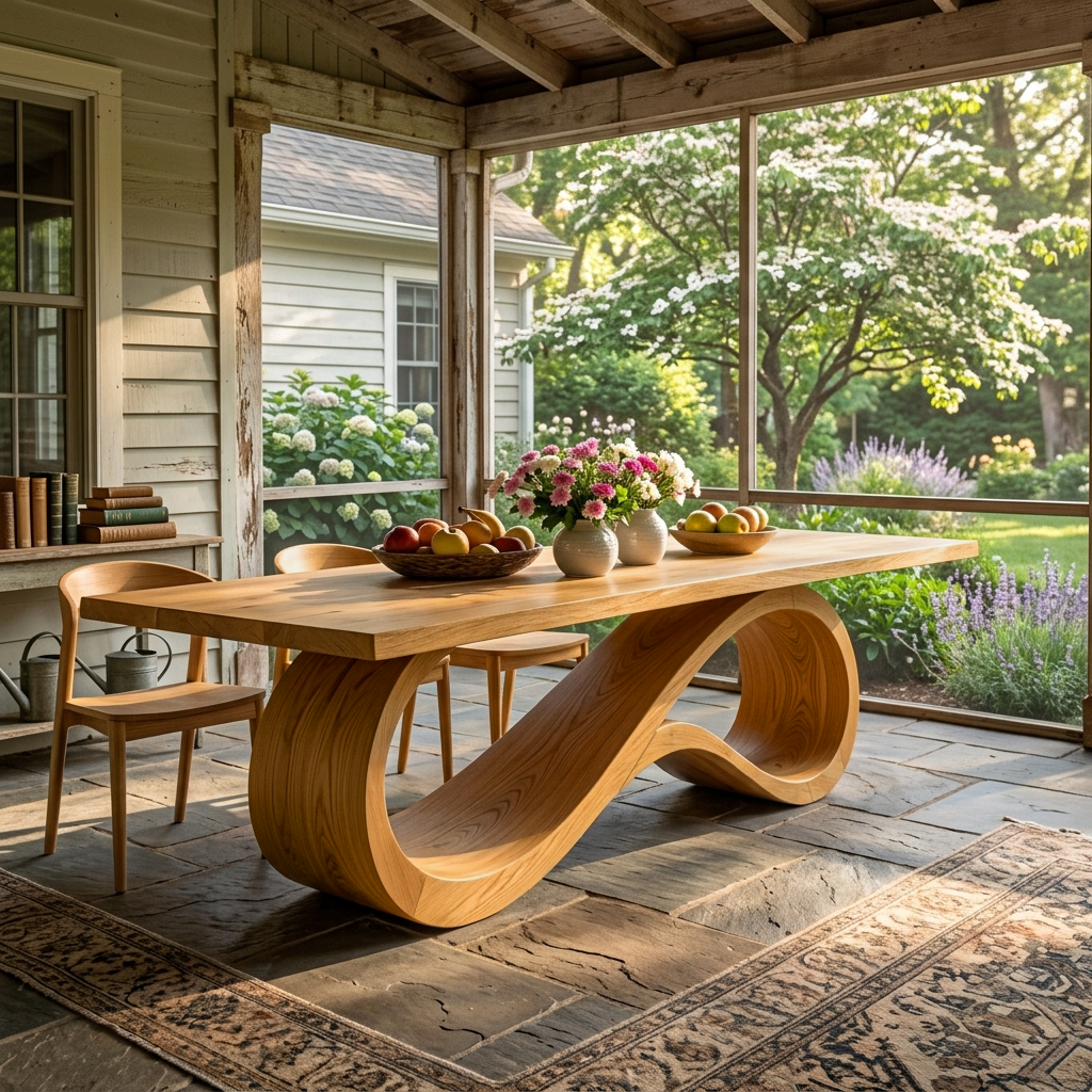 Wooden Dining Table With Flowing Base For Kitchen