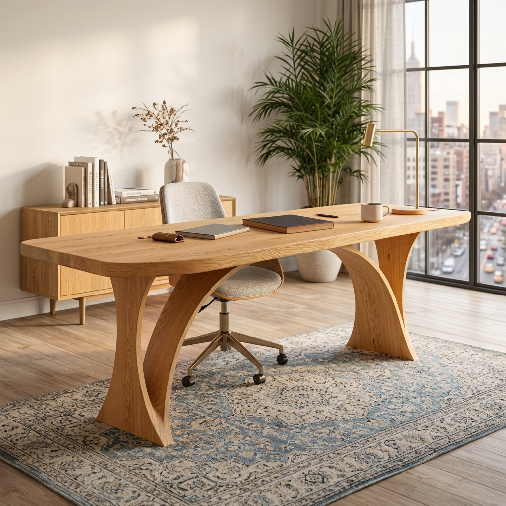 Handmade Wooden Desk With Unique Curved Base For Workspace