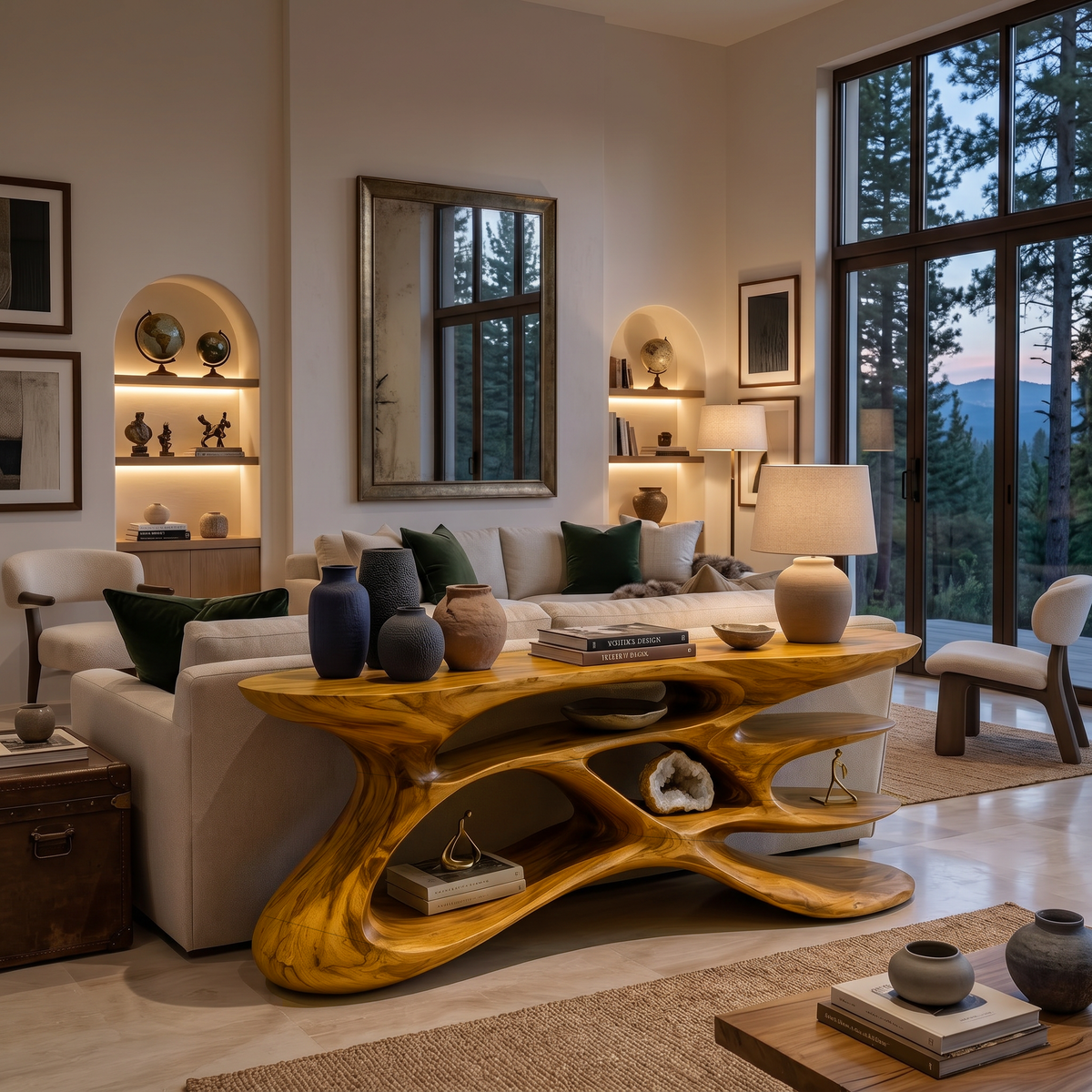 Wooden Console Table With Sculptural Form For Living Statement