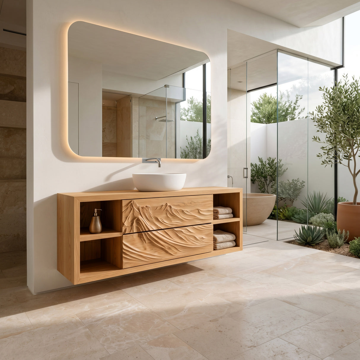 Luxury Mountain Carved Floating Bathroom Vanity For Spa Bathroom