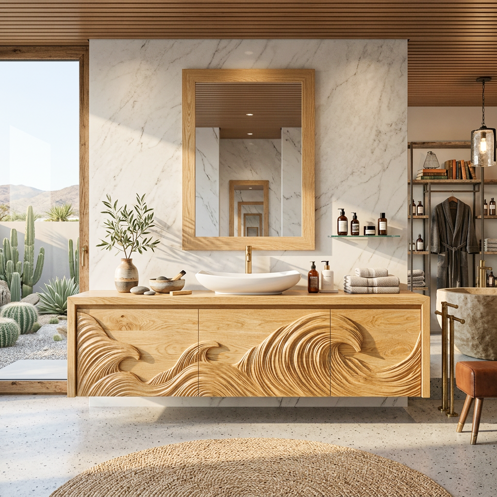 Luxury Floating Bathroom Vanity With Wave Carved Cabinet For Bathroom