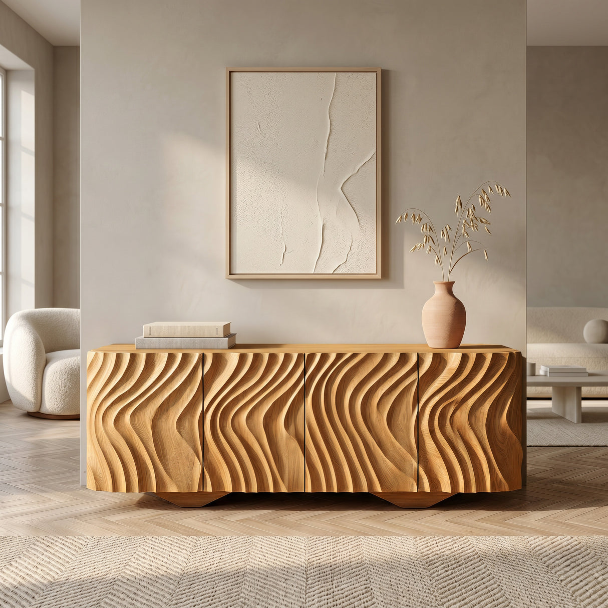Farmhouse Wooden Sideboard With Carved Wave Doors For Living Storage