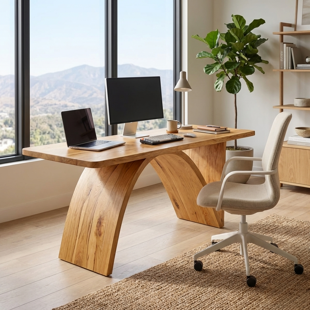 Contemporary Wooden Desk With Artistic Base For Home Workspace