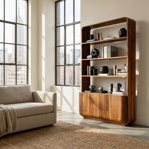 Modern Curved Frame Wood Bookshelf With Cabinets