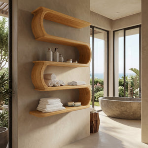 Minimal Natural Wood Floating Bathroom Shelves For Spa Decor