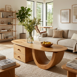 Modern Wood Oval Coffee Table With Drawer For Living Room