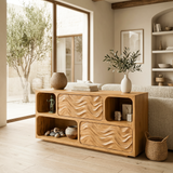 Modern Console Table With Carved Doors And Open Shelves For Entryway