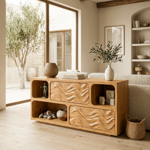 Modern Console Table With Carved Doors And Open Shelves For Entryway