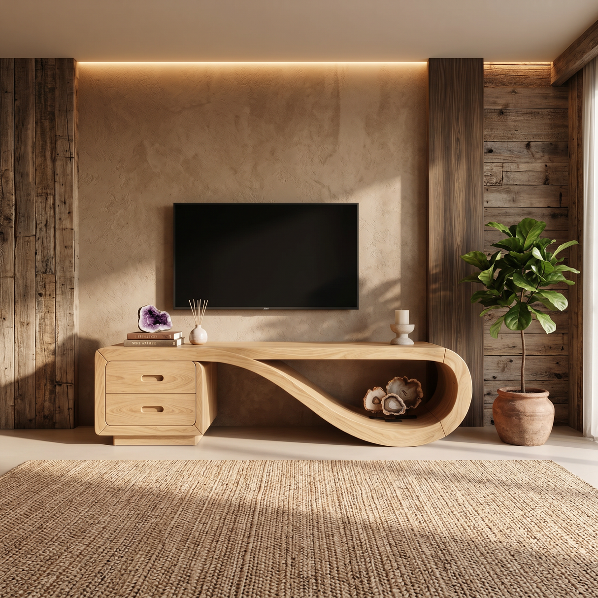 Luxury Sculptural Media Console Marble Accent Wall