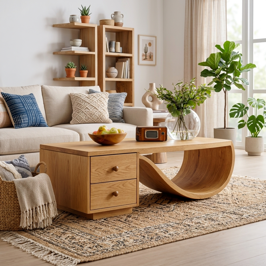 Wood Coffee Table With Unique Curved Base And Drawer For Home