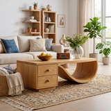 Wood Coffee Table With Unique Curved Base And Drawer For Home