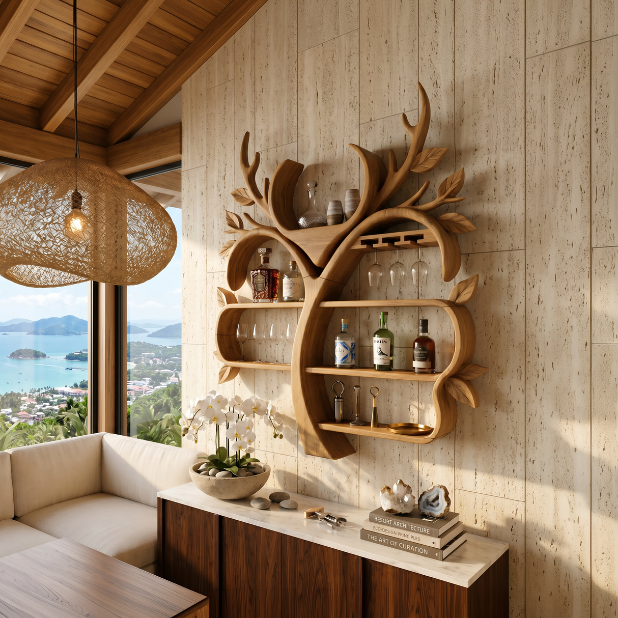 Resort Style Tree Inspired Wine Bar Shelf For Living Room