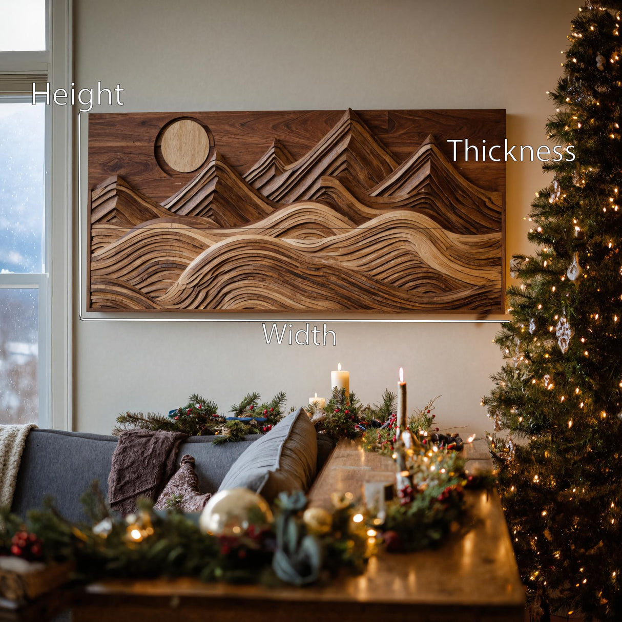 Modern Wall Art With Layered Mountain And Sun For Holiday Decoration