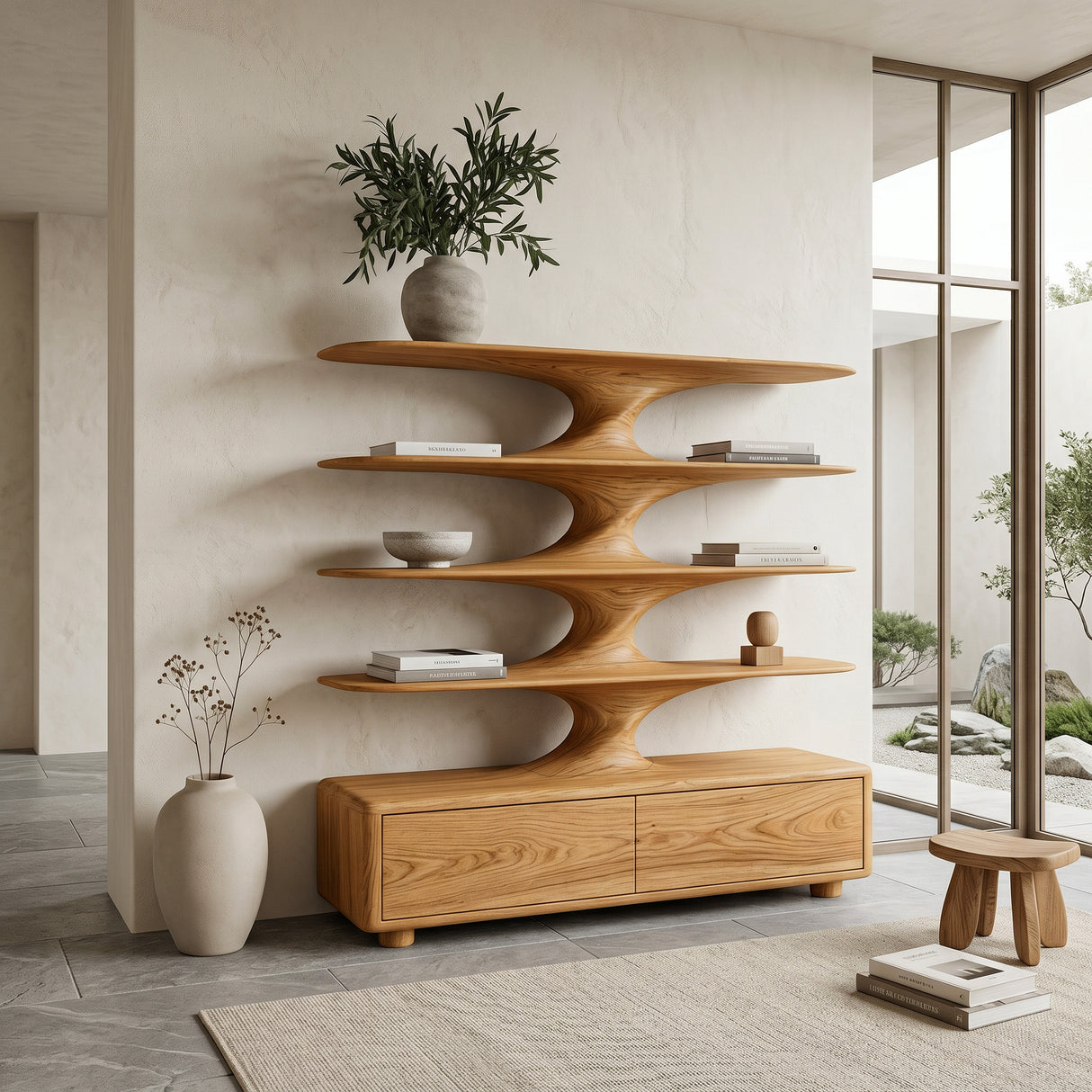 Organic Bookshelf With Twisted Tiers For Home Library