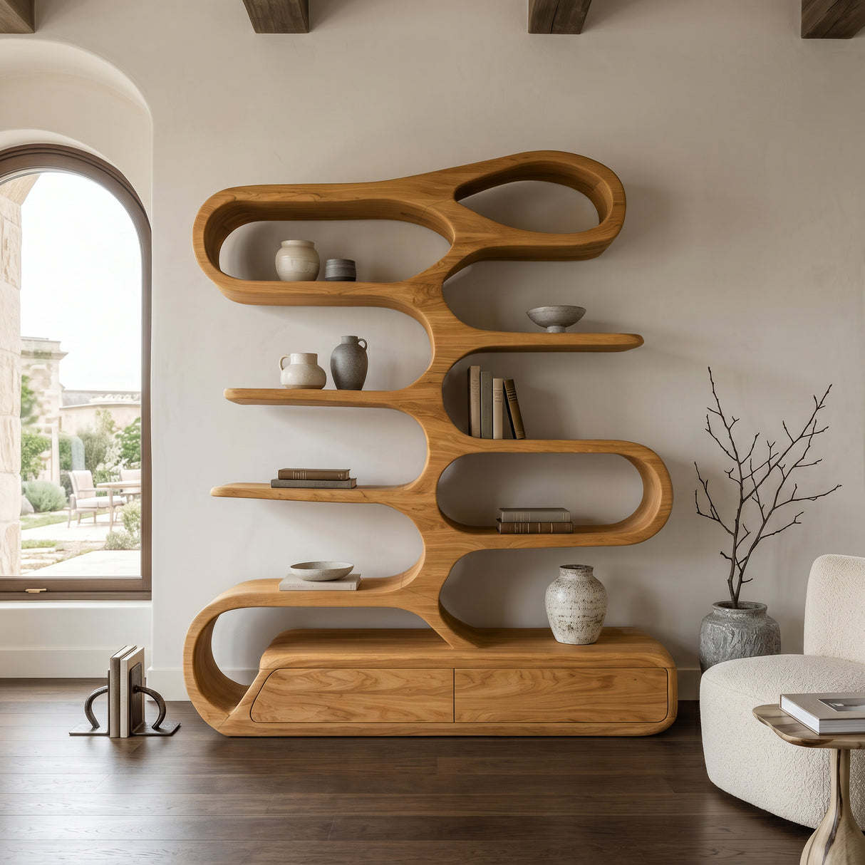 Minimalist Sculptural Bookshelf With Rounded Compartments For Reading Room