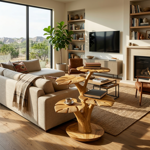 Organic Wooden Side Table With Multi-branched Tabletop For Home