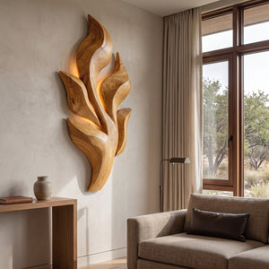 Sculptural Wooden Leaf Wall Art With Warm Light For Home