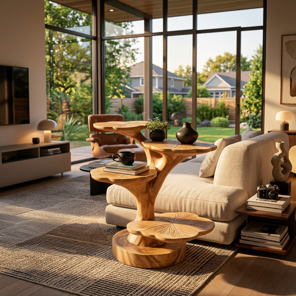 Wooden Accent Table Leaf Inspired Design For Sofa Area