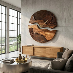 Organic Wooden Wall Clock With Unique Form For Living Room