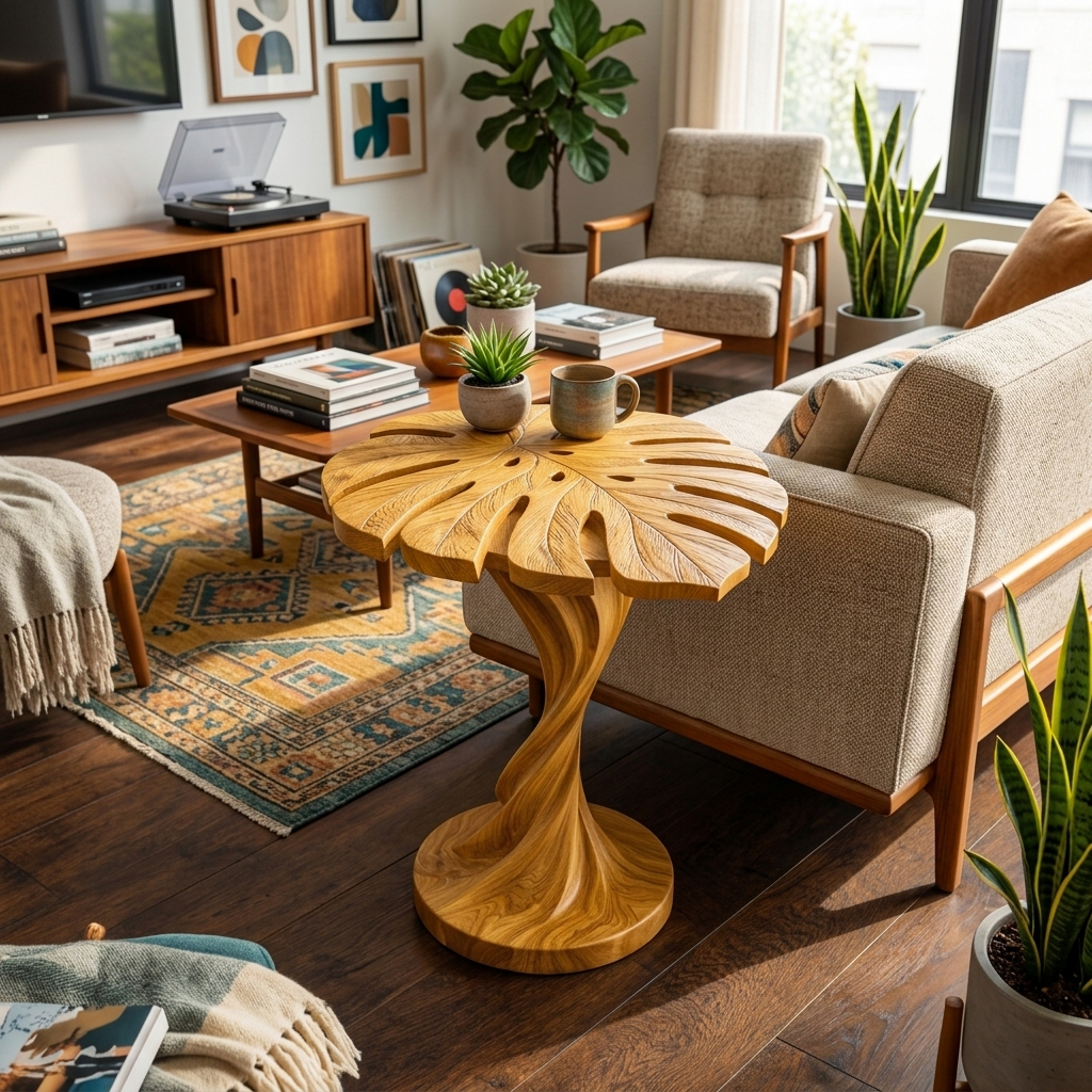 Modern Wood Side Table With Artistic Leaf Top For Living
