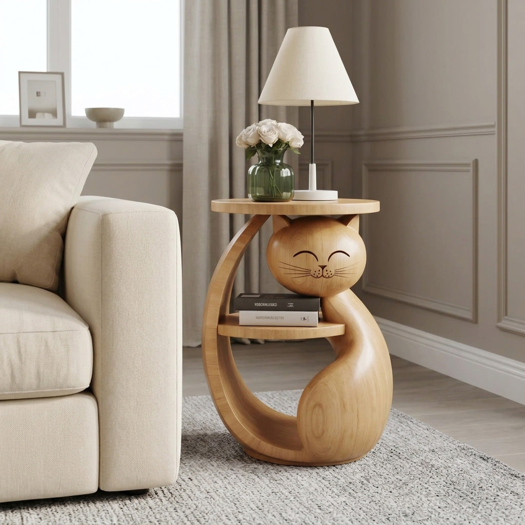 Whimsical Cat Shaped Wooden Side Table For Bedroom