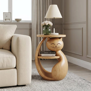Whimsical Cat Shaped Wooden Side Table For Bedroom