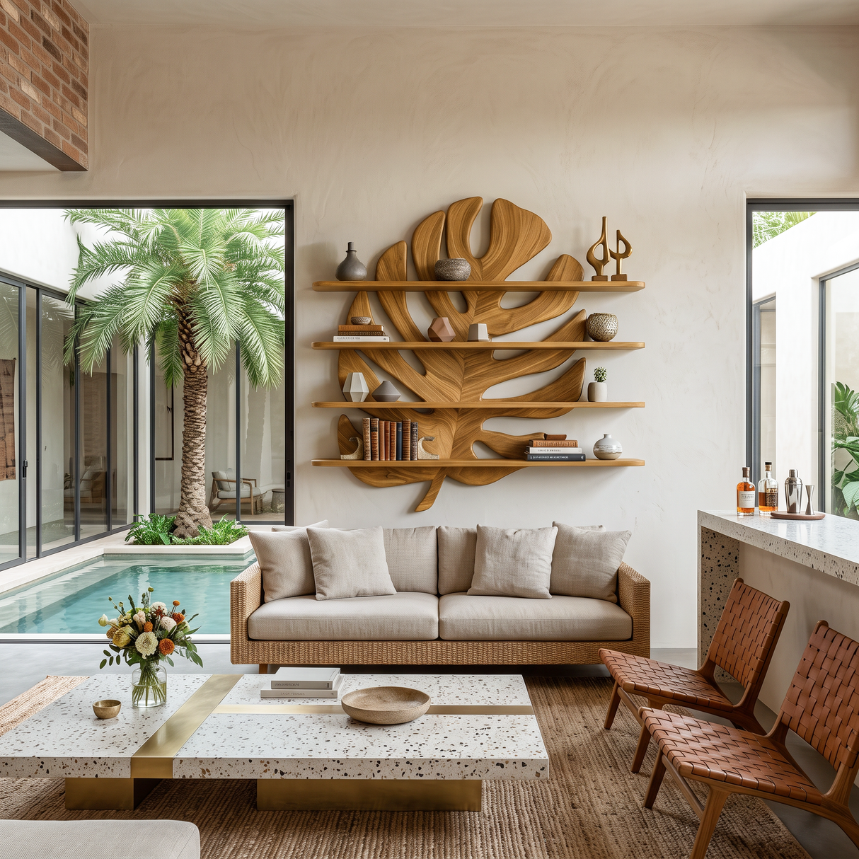 Modern Wooden Tropical Monstera Leaf Floating Bookshelf For Office